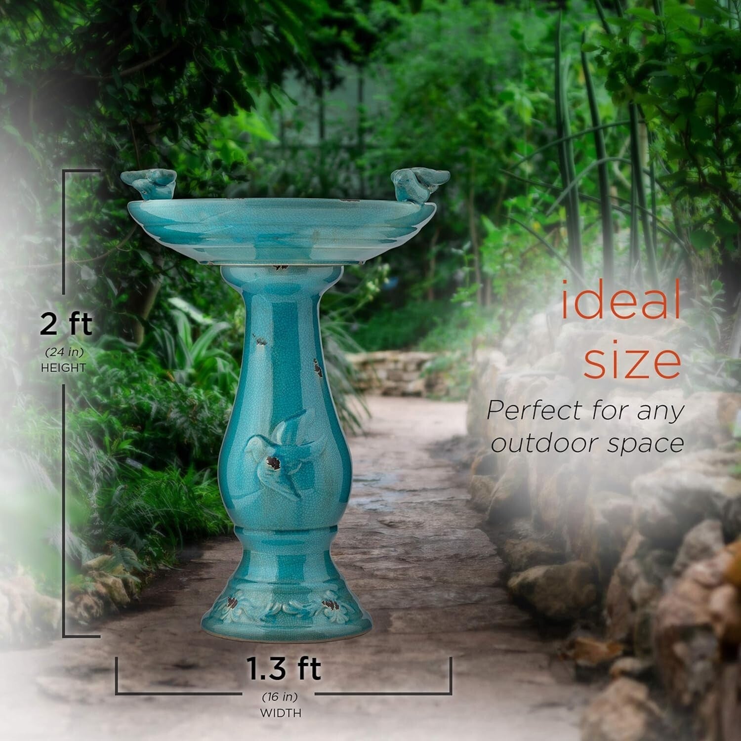 Antique Turquoise Ceramic Birdbath with Pedestal & 2 Bird Figurines - 25" Tall