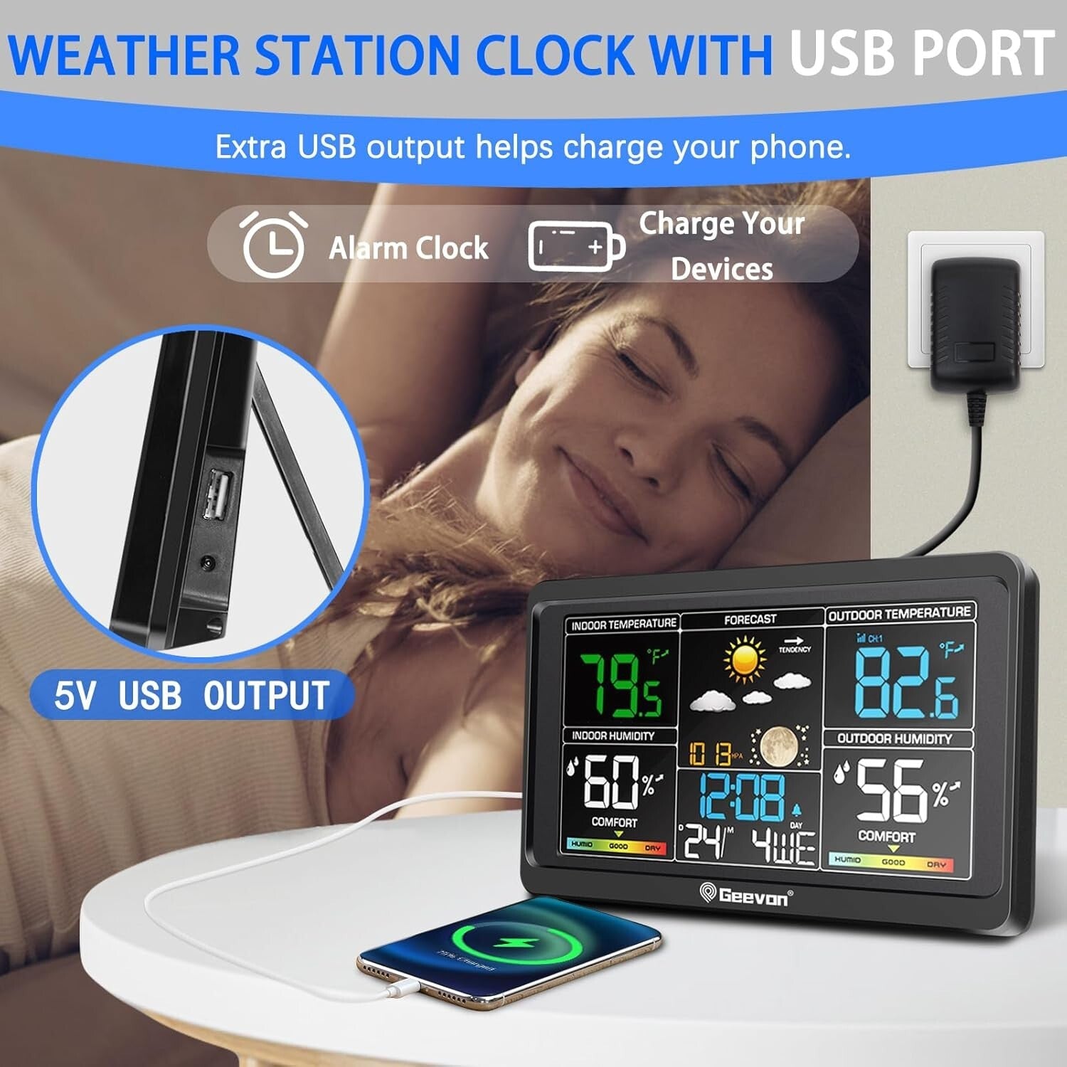 Multi-Channel Wireless Thermometer with Clock and Adjustable Brightness for Home