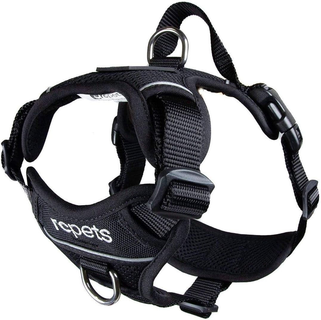 Versatile Large Dog Harness with Back Handle & Leash Options – Black Mesh Design