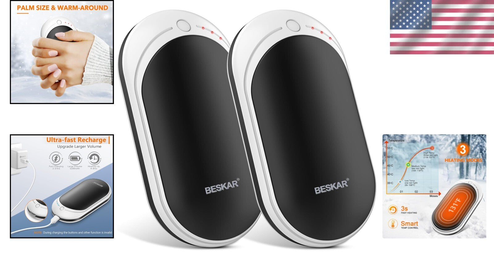 Classic Pocket Hand Warmer - USB Rechargeable, 8 Hours Heat, Ergonomic Design