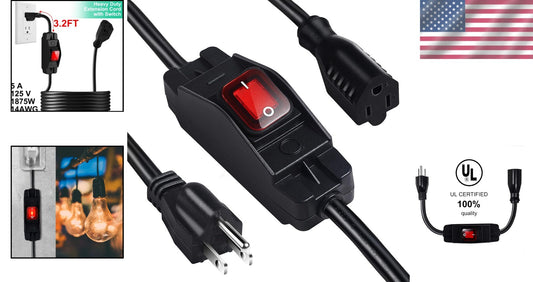 15 Ft Outdoor Waterproof Extension Cord with On/Off Switch, Heavy Duty 125V
