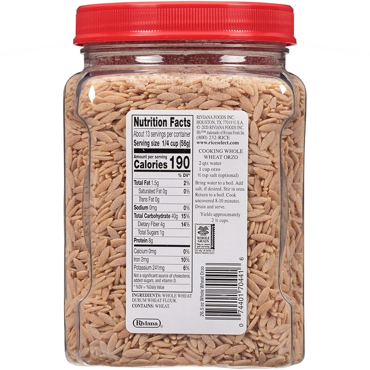 Nutritious Whole Wheat Orzo Pasta 4-Pack - Non-GMO, High Protein - 26.5-Oz Jars