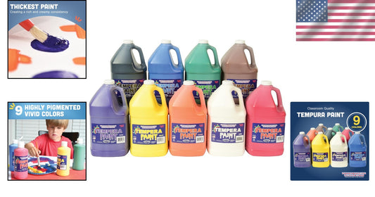Washable Tempera Paint Set: Non-Toxic Kid's Paint, 9 Pack, 1 Gallon, Multicolor