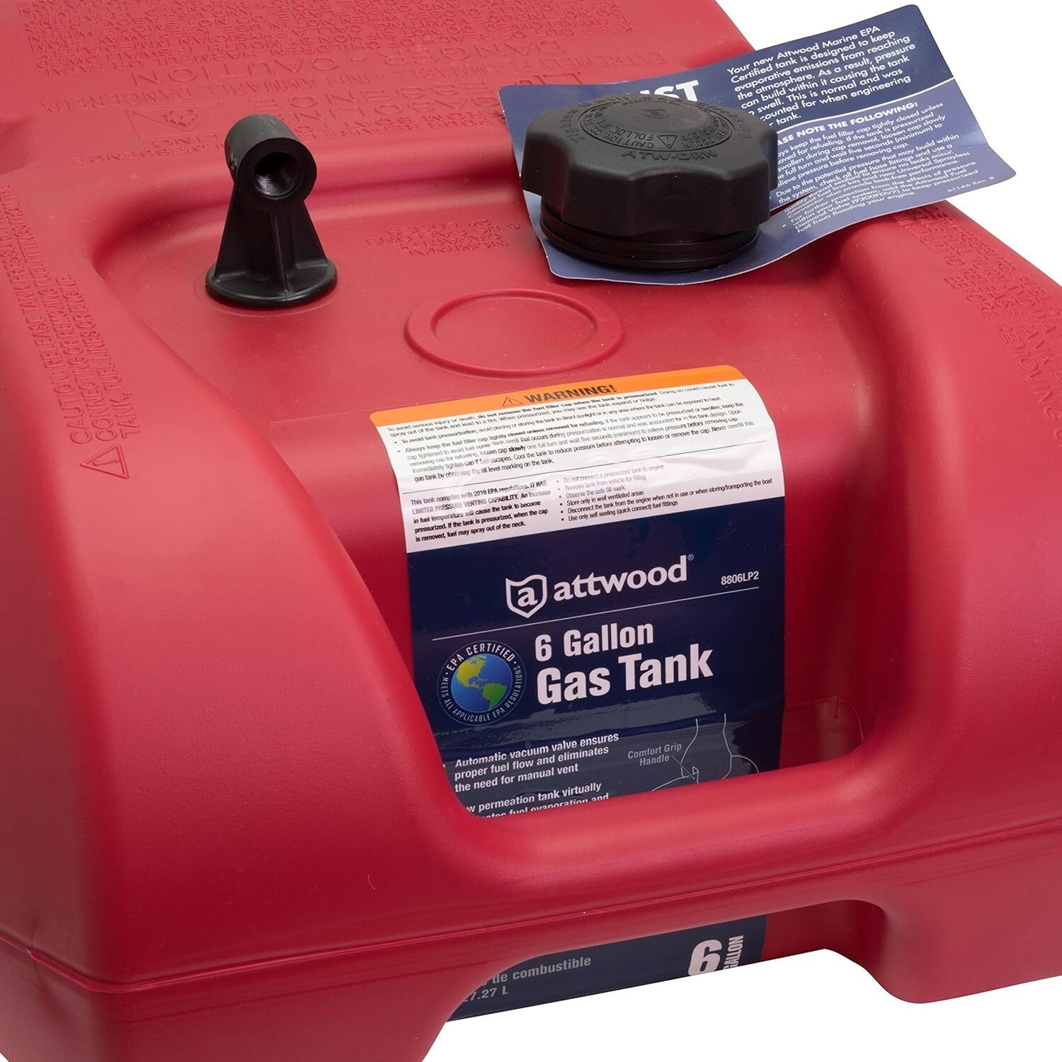 EPA Certified 6-Gallon Portable Marine Fuel Tank with Built-In Vacuum Valve