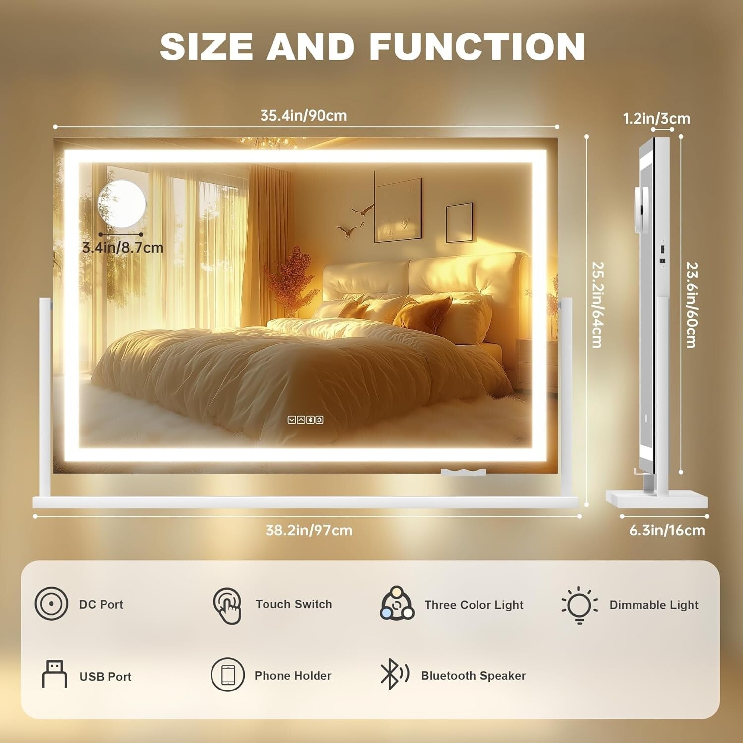 Dimmable 36x24 Vanity Mirror with 10X Magnification & Color Adjustable Lighting