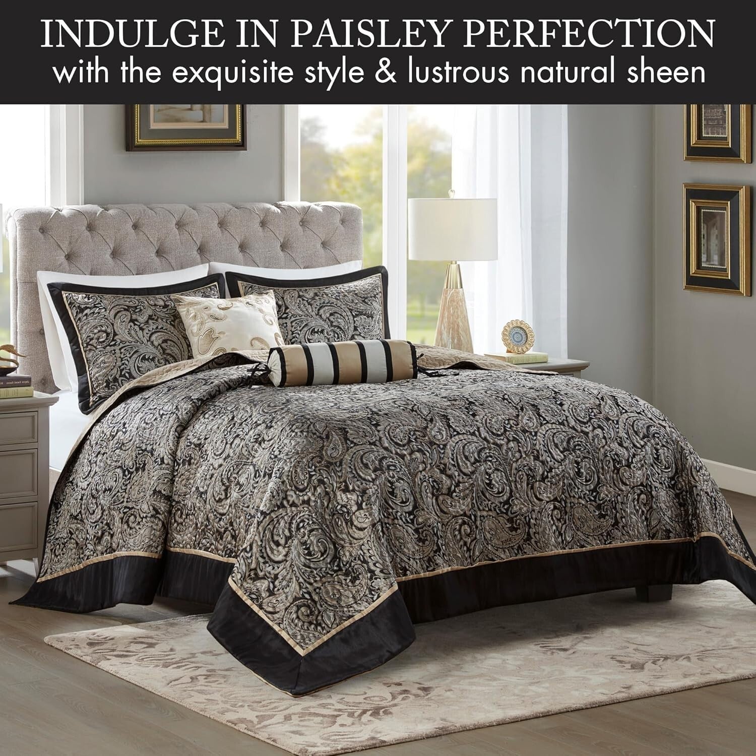 5-Piece Black Quilted Bedding Set with Decorative Pillows - All Season Comfort