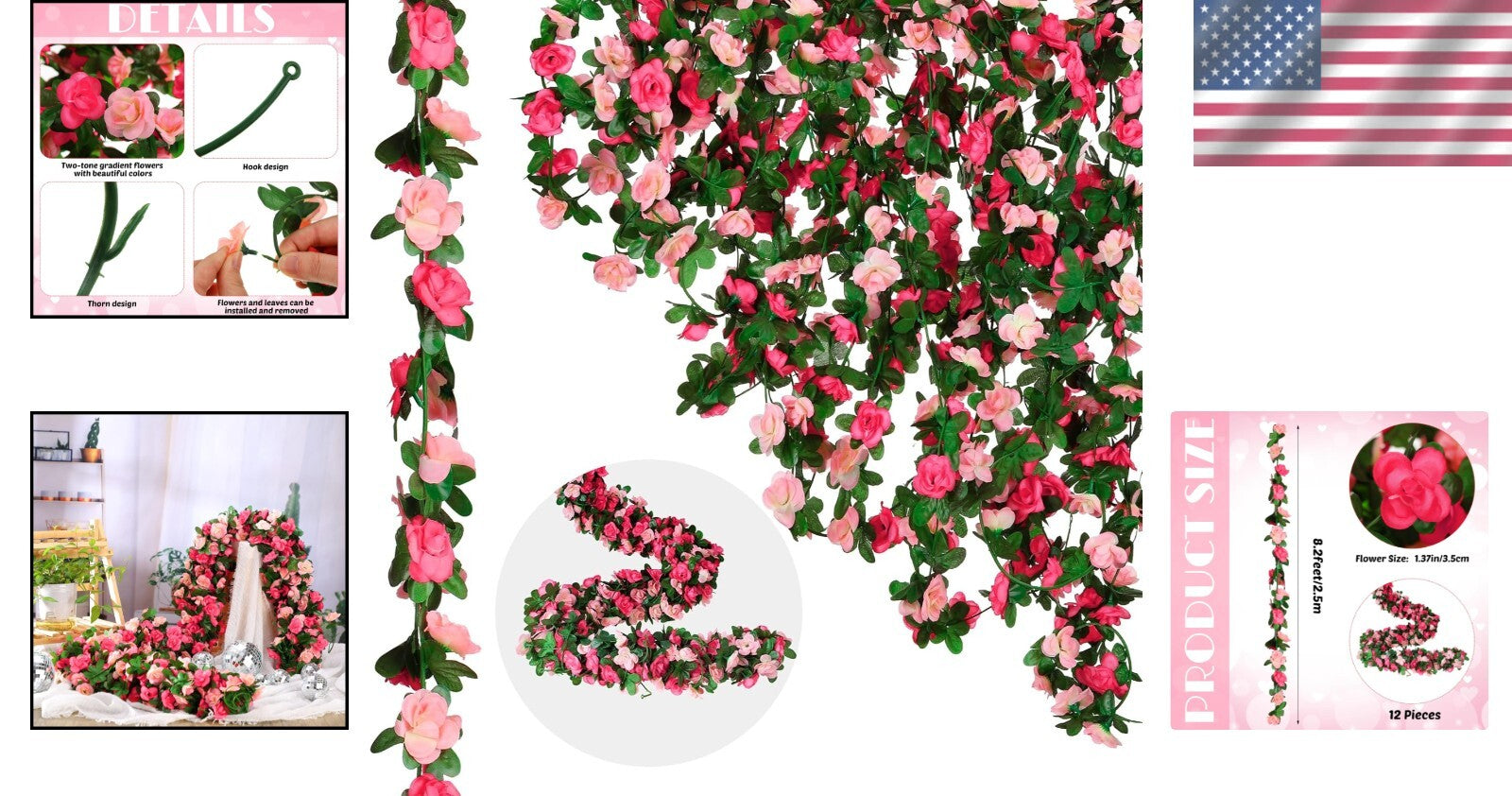 Vivid 12 Pcs Flower Vine Garland - 100 ft Silk Rose Decor for Any Occasion