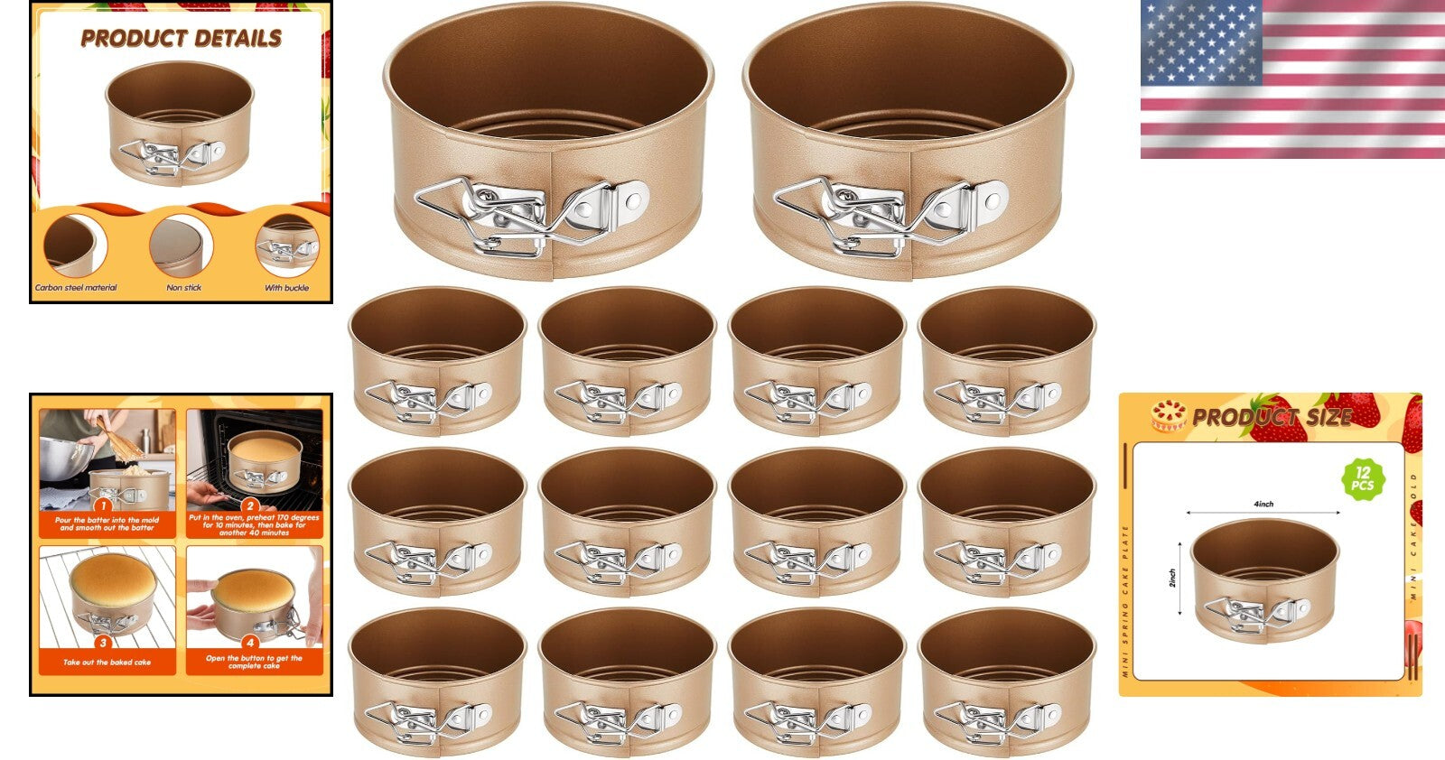 12 Pcs Gold Mini Springform Pans - 4 Inch Nonstick Cake Molds for Desserts