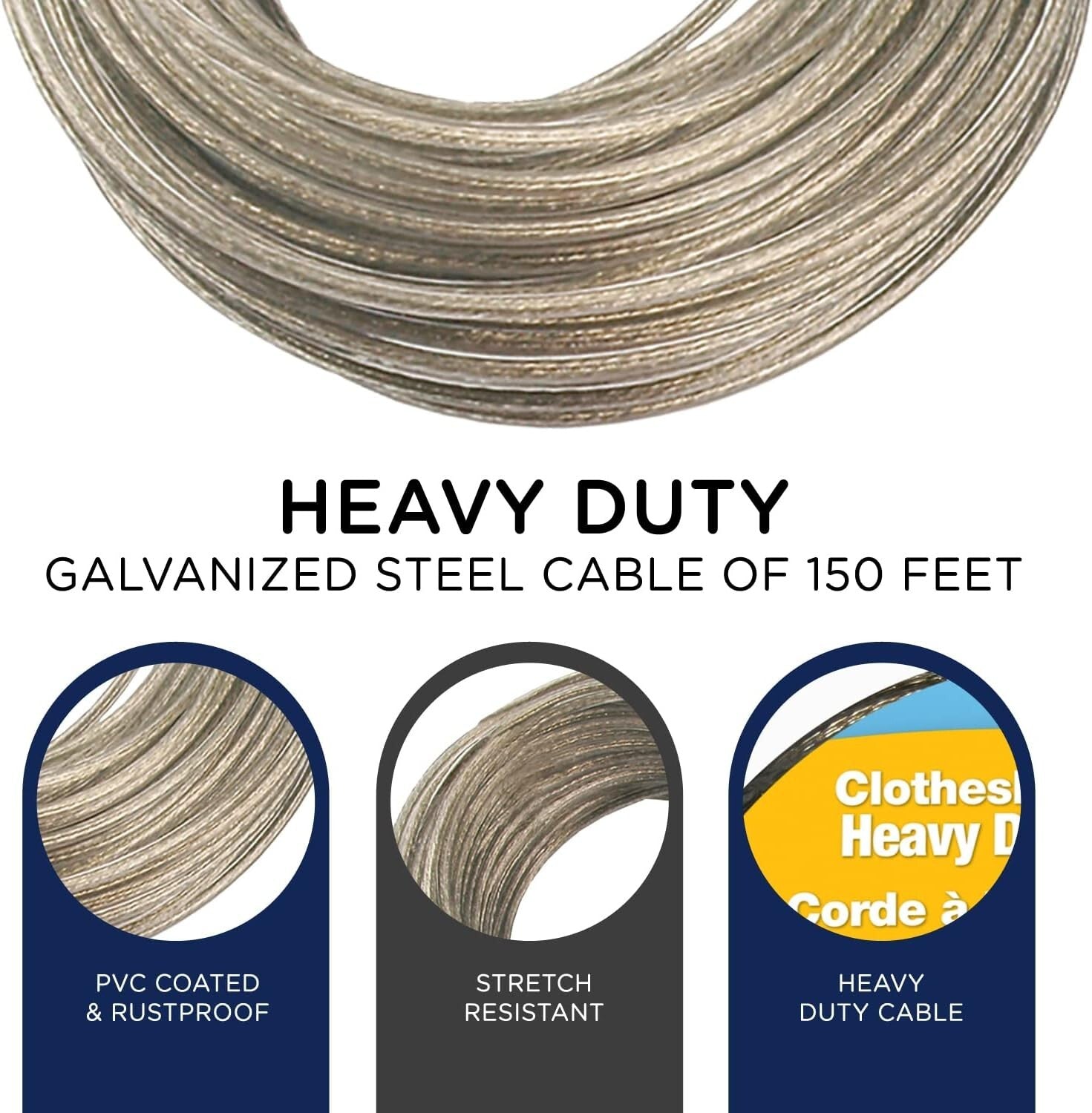 Durable 150 Feet Clothesline with Heavy Duty Steel Cable - Easy Installation