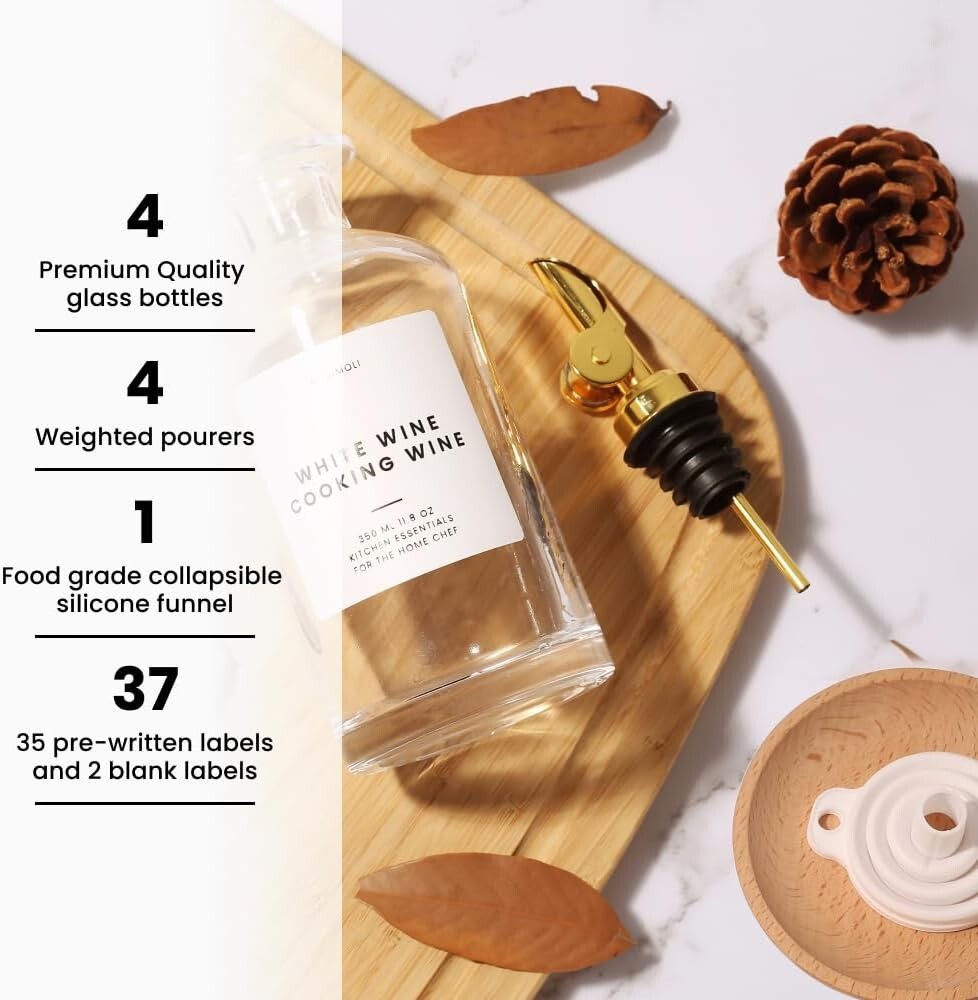 Elegant 350ml Olive Oil Dispenser Set with Gold Pourers and Waterproof Labels