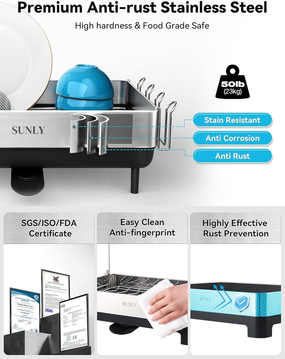 Black Expandable Dish Rack with Flip-Up Holders - 304 Stainless Steel Durability