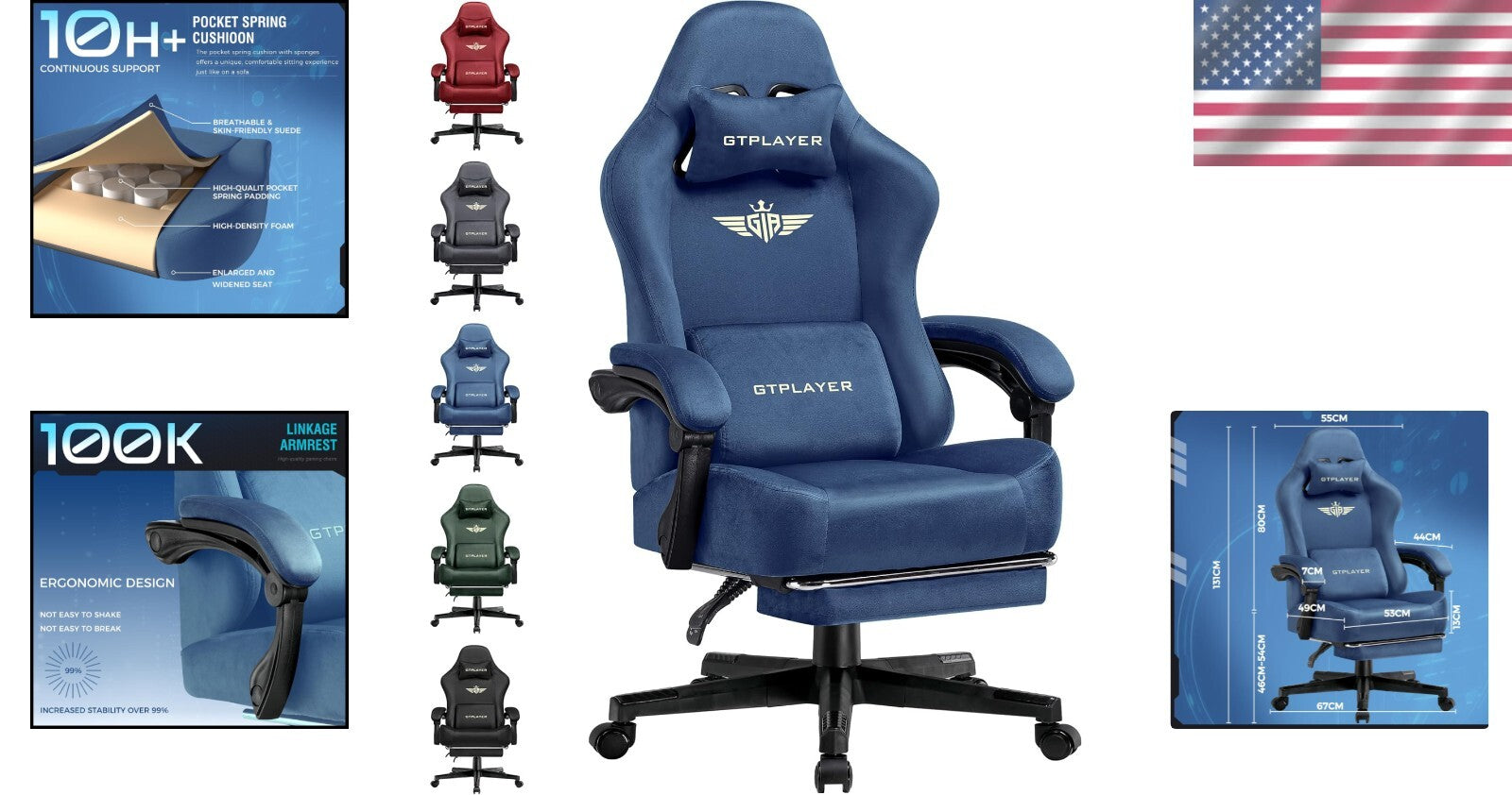 Luxurious Blue Gaming Chair for Adults - Supports 350LBS with Lumbar Support