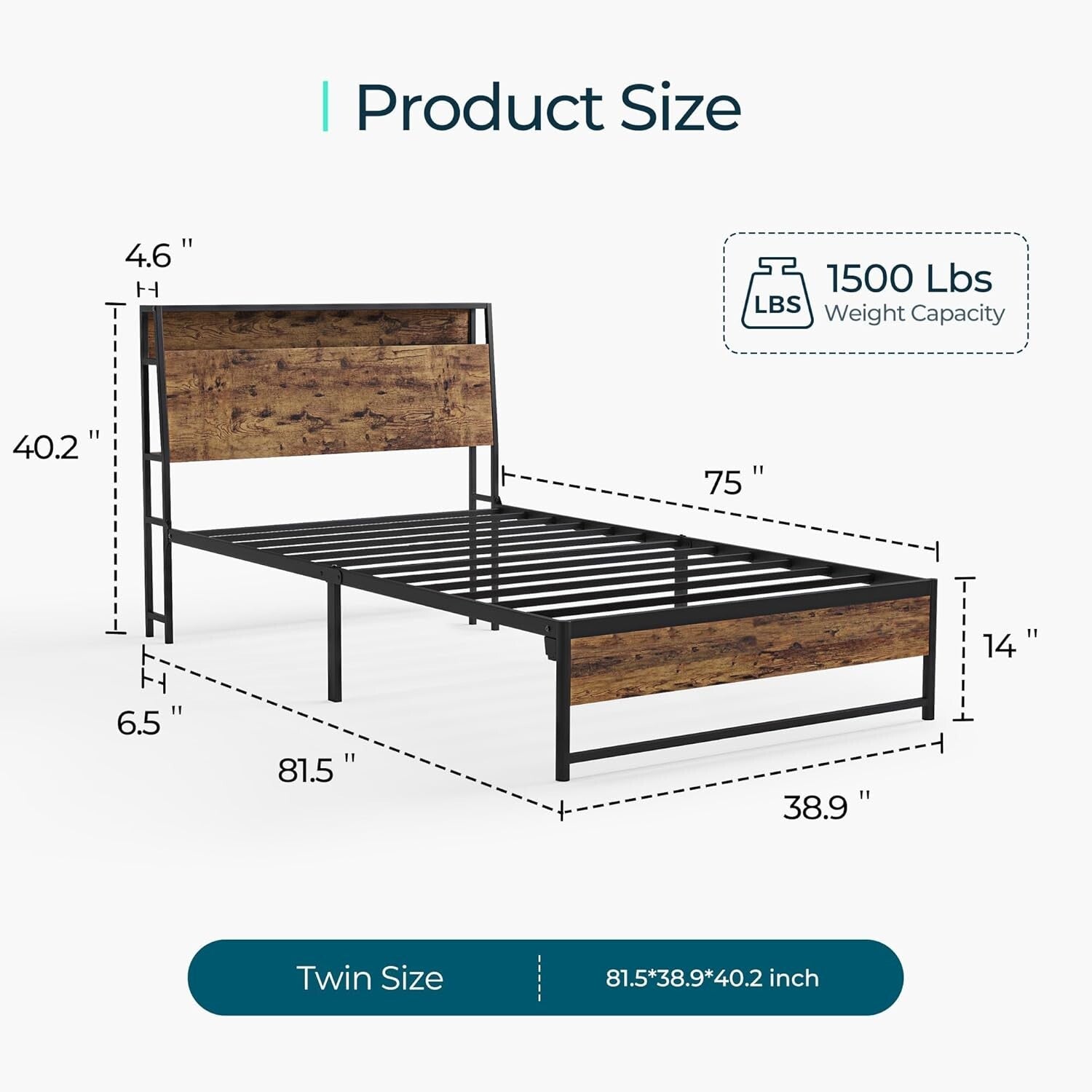 Heavy-Duty Twin Bed Frame with Stylish Ergonomic Headboard & Under-Bed Storage
