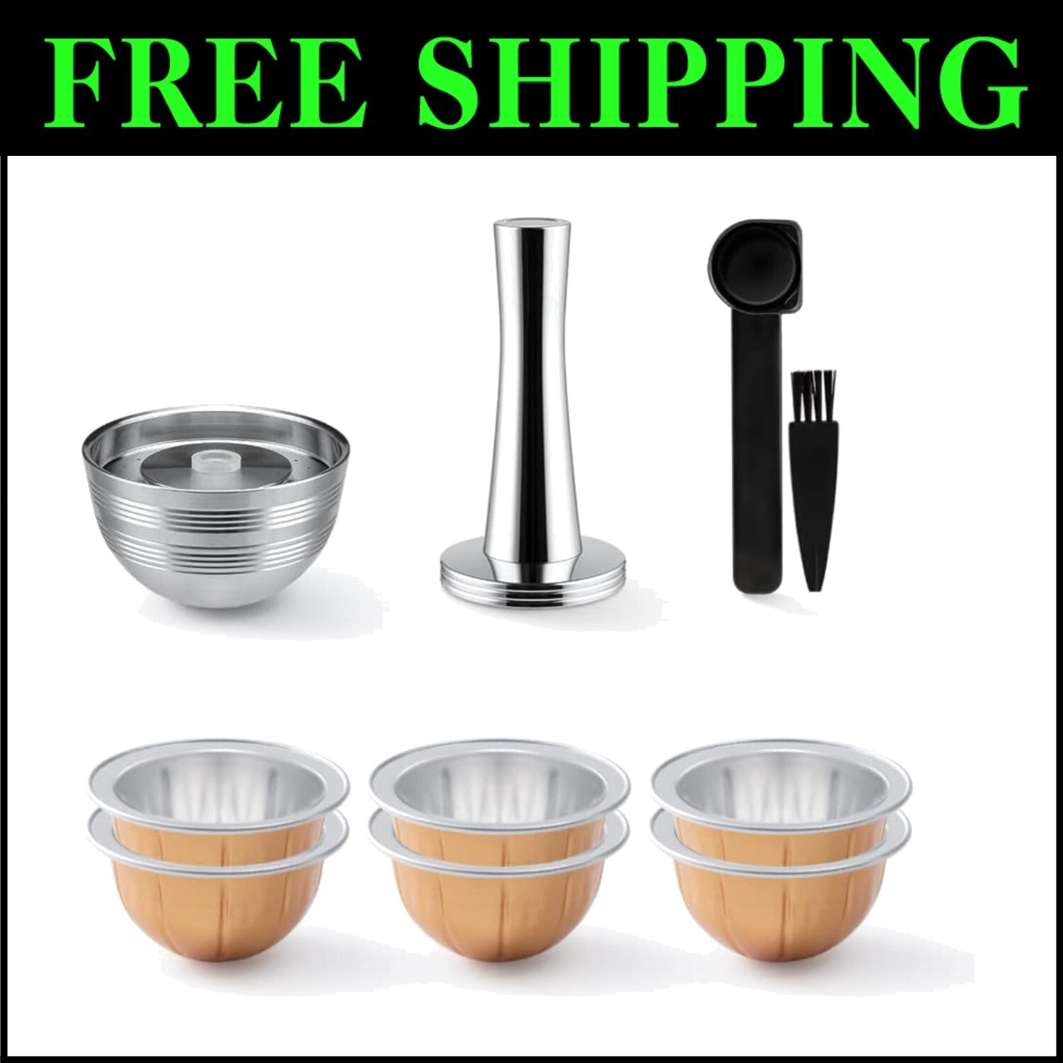 Stainless Steel Reusable Nespresso Vertuo Next Pods - 2 Pack with Coffee Tamper