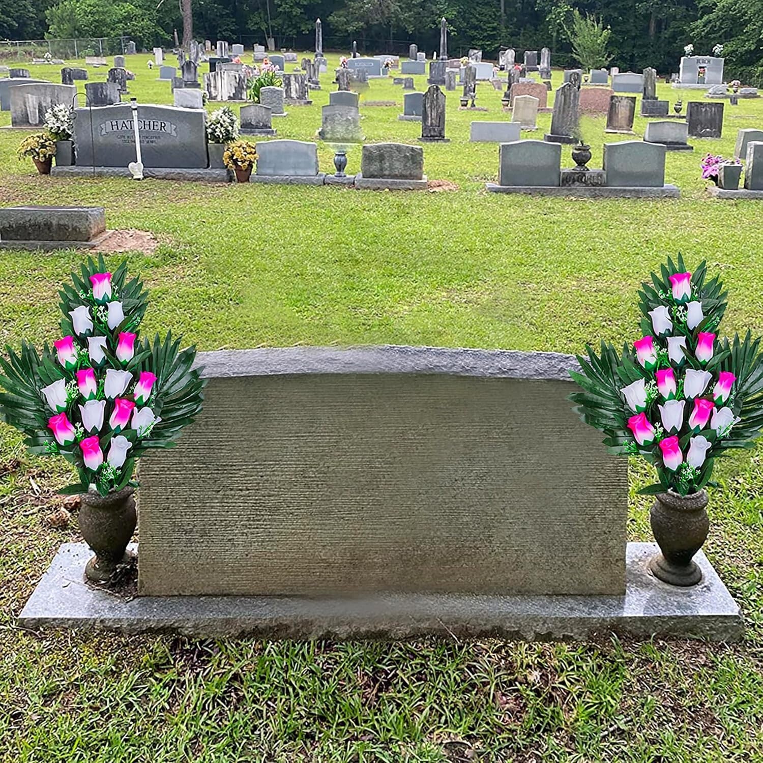 Beautiful Memorial Roses - 2 Sets of Artificial Cemetery Flowers with Vases