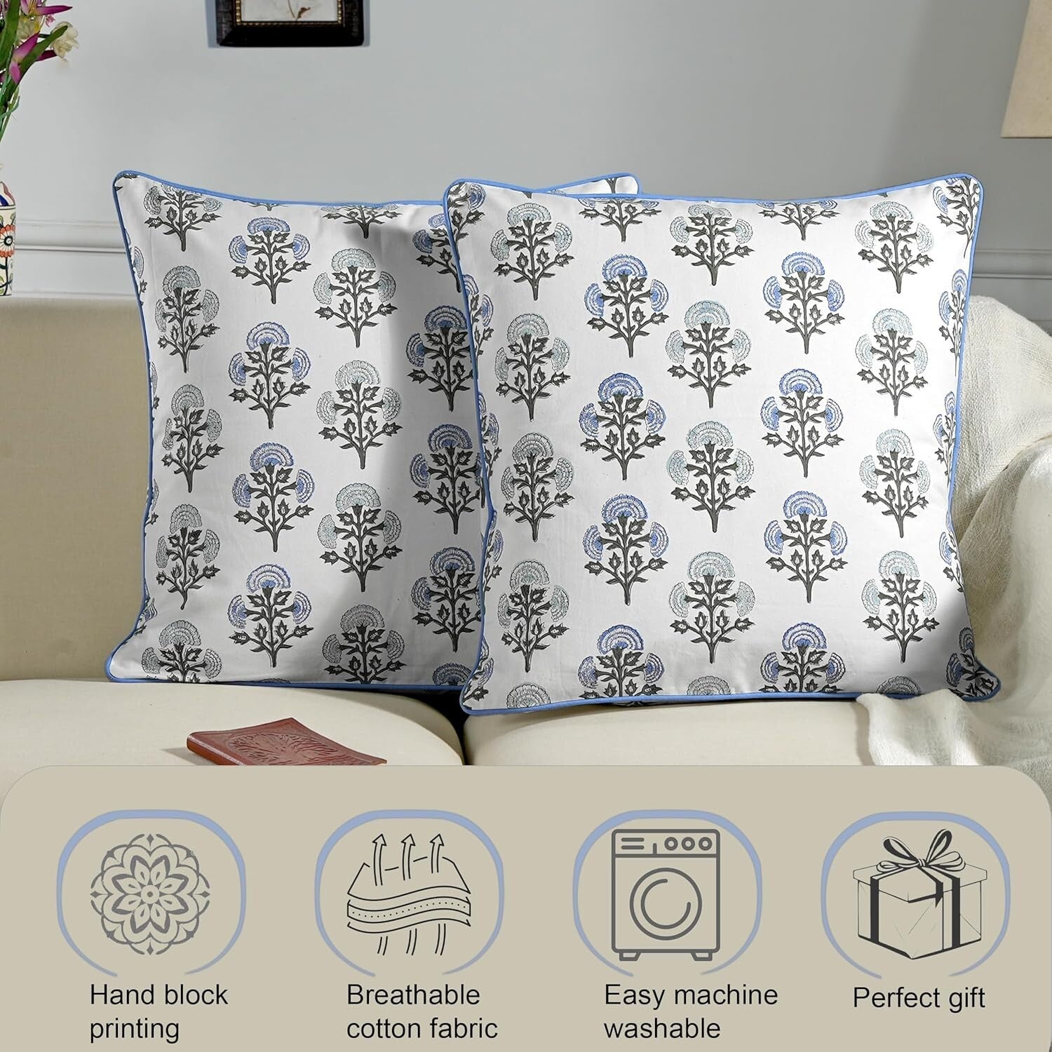 Elegant 18x18 Cotton Block Print Pillow Covers Set of 2 for Rustic Living Rooms