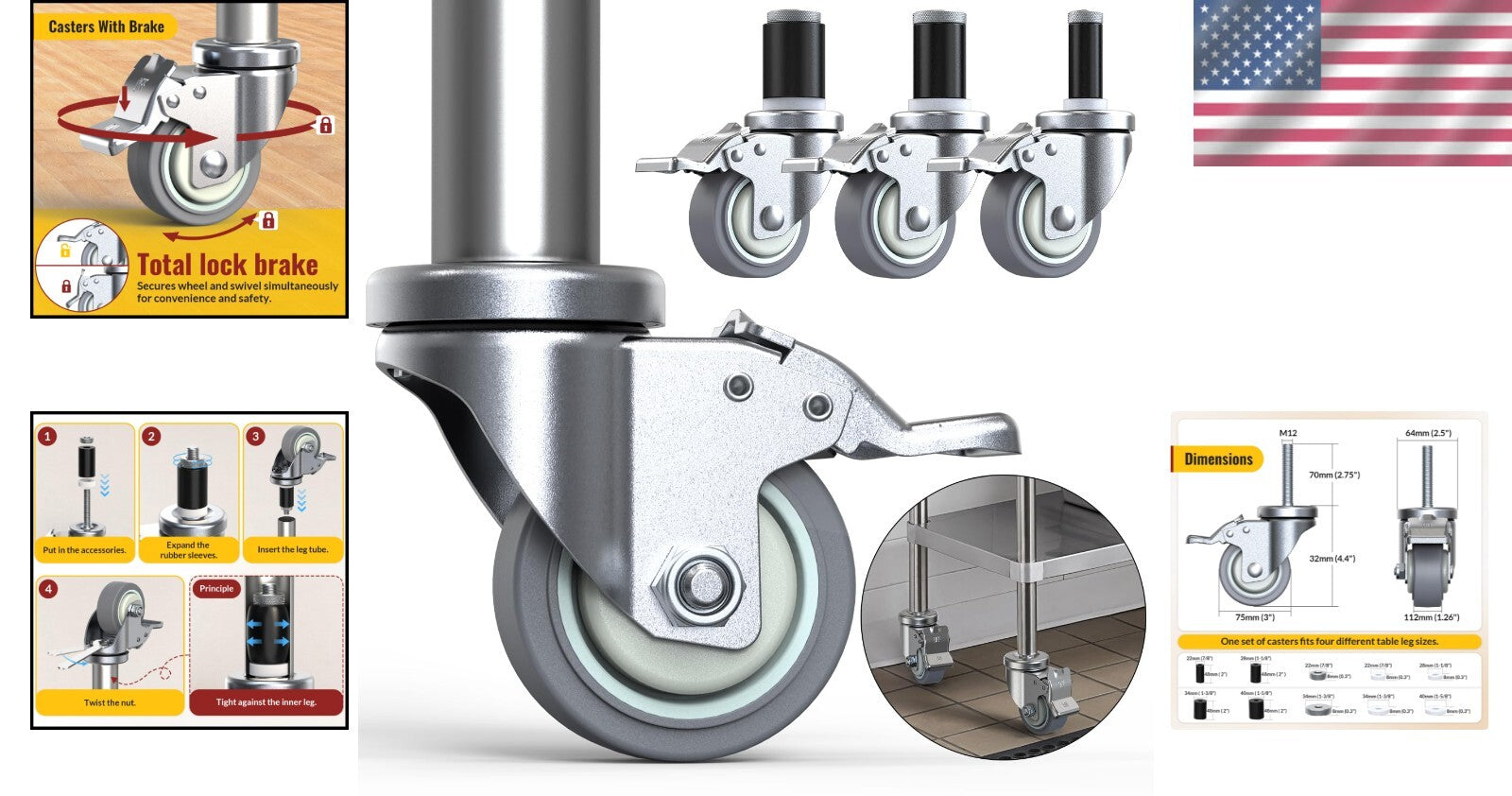 Heavy Duty Adjustable Caster Wheels 4-Pack - Locking Swivel Design for Stability