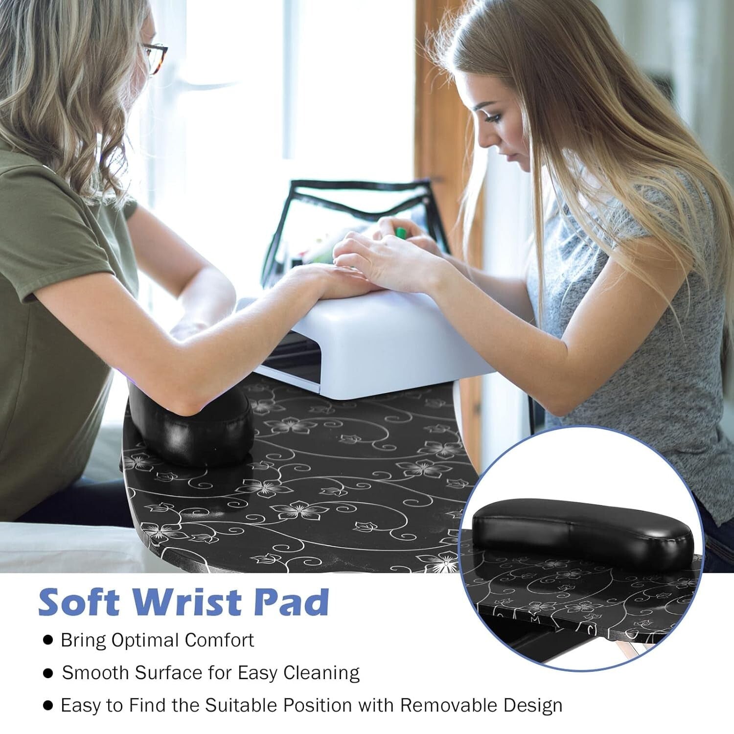 Foldable Portable Manicure Table with Large Drawer & Lockable Casters, Black