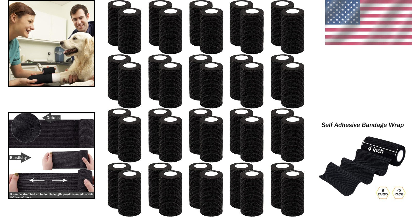 Comfortable 4 Inch Self-Adherent Stretch Bandage Wrap - 40 Rolls for Easy Care