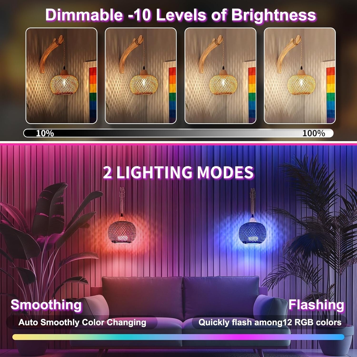 Rechargeable Boho Wall Sconces Set - Remote Controlled, 15 Colors & Dimmable