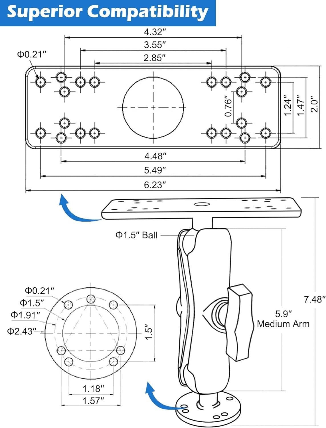 Corrosion-Resistant Aluminum Fish Finder Mount - Heavy Duty and Adjustable Arm