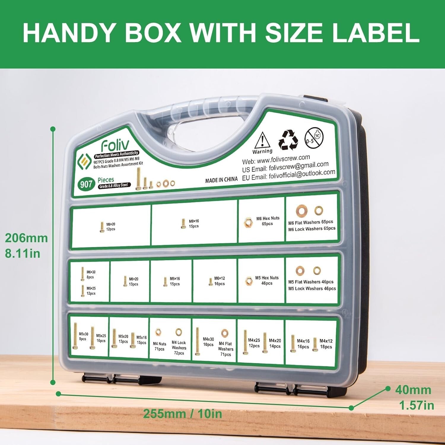 Durable Metric Bolt Assortment Kit - 907pcs of M4, M5, M6, M8 - Green Initiative