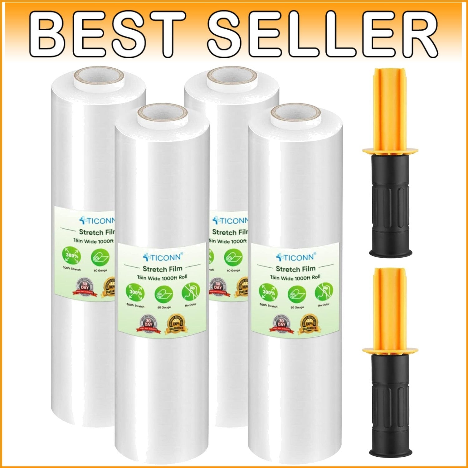 1000ft Clear Plastic Stretch Wrap with Handles - 4 Rolls of 15-Inch Strong Film