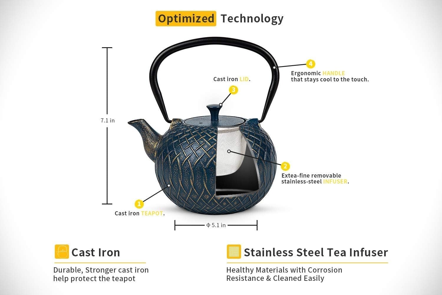 34 Oz Japanese Cast Iron Tea Kettle - Stovetop Safe with Stainless Steel Infuser