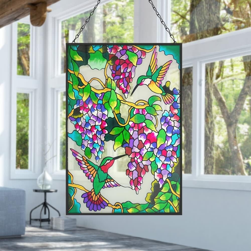 Unique 10" W x 15" H Hummingbird Stained Glass with Hanging Chain - Ideal Gift