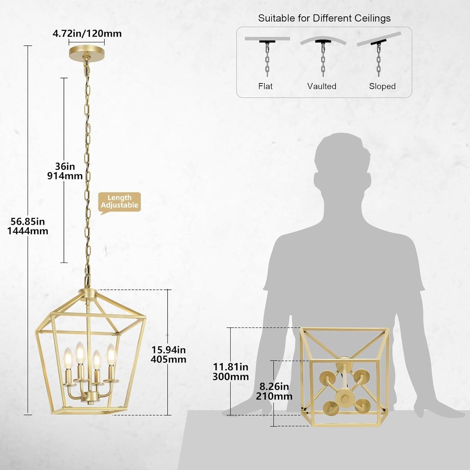 Stylish 4-Light Gold Industrial Chandelier with Adjustable Height for Indoor Use