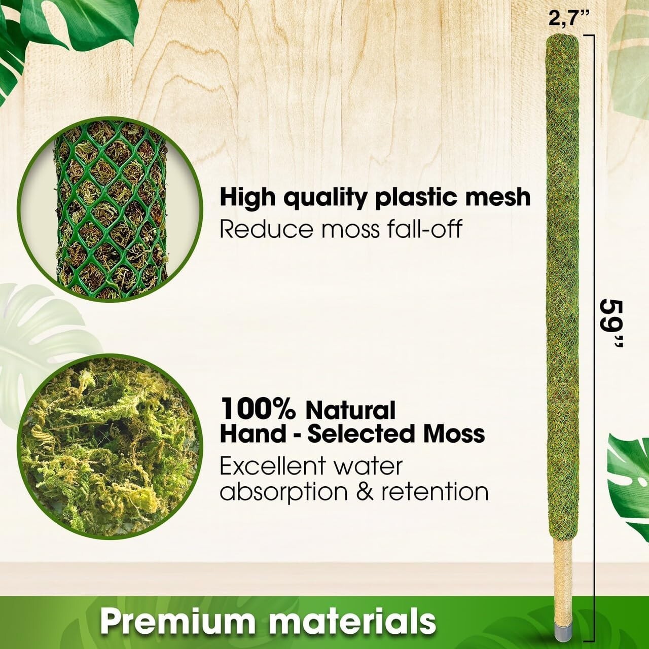 Natural 59’’ Moss Pole for Tall Plants - Sturdy Support for Climbing Growth