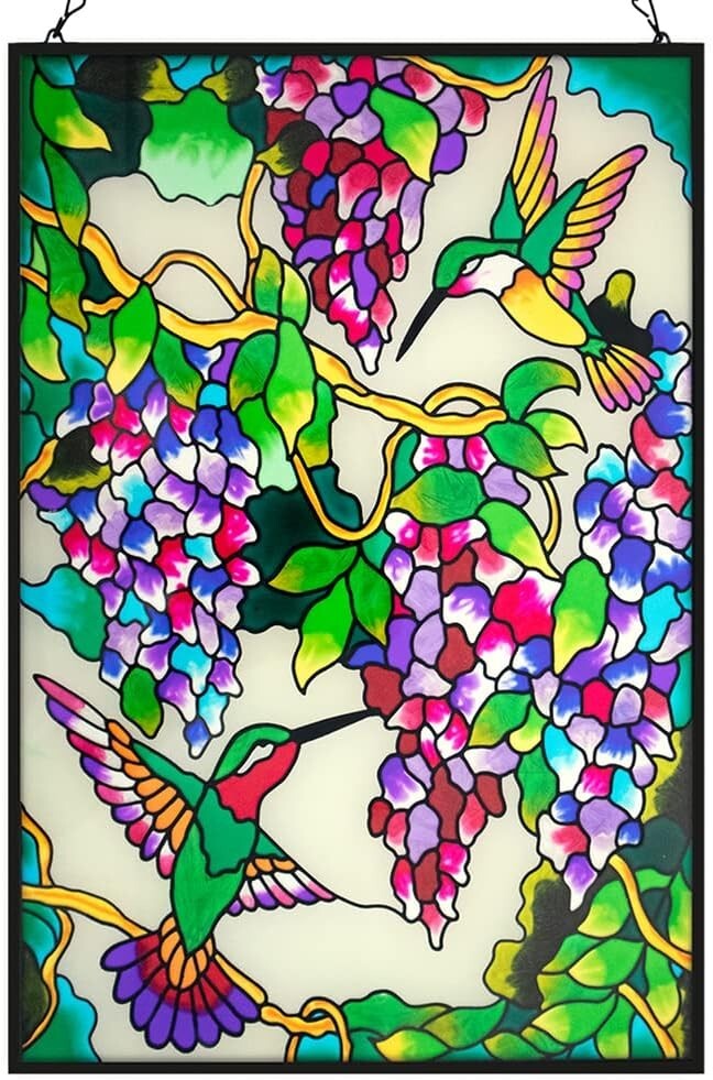 Unique 10" W x 15" H Hummingbird Stained Glass with Hanging Chain - Ideal Gift
