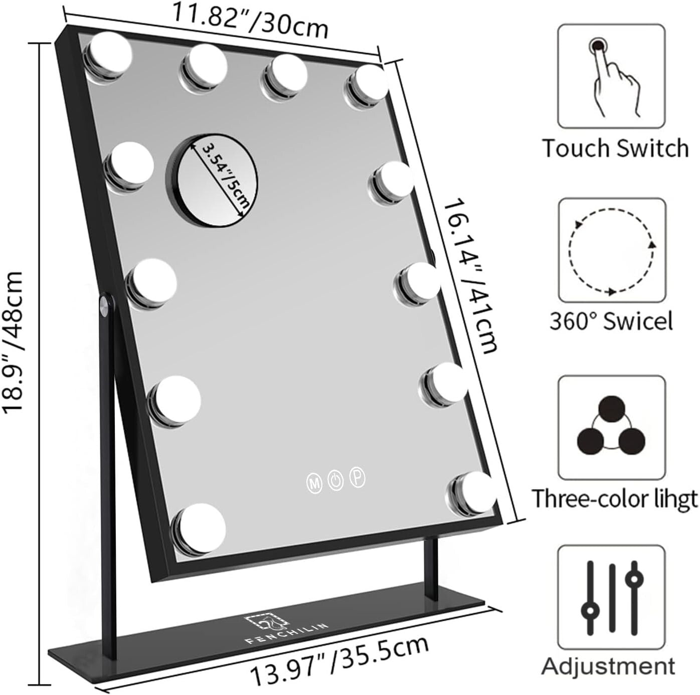 Elegant Black Glam Makeup Mirror - 3 Colors & Detachable 10X Magnification