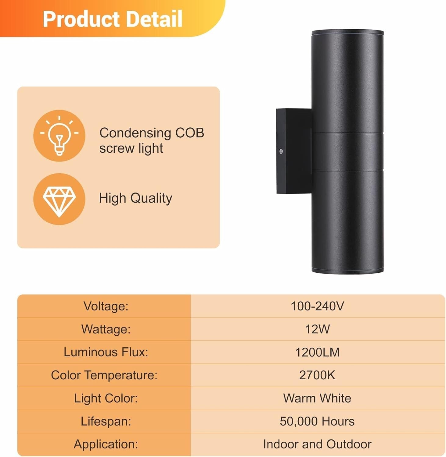 Energy Efficient IP65 Waterproof Outdoor LED Cylinder Lights - 12W Warm White