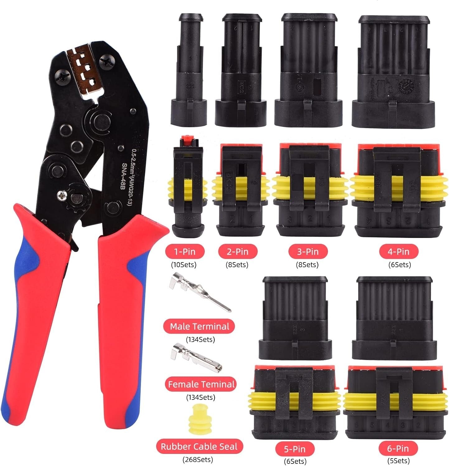 Complete 43-Kit Automotive Connector Set with Ratcheting Wire Crimping Tool