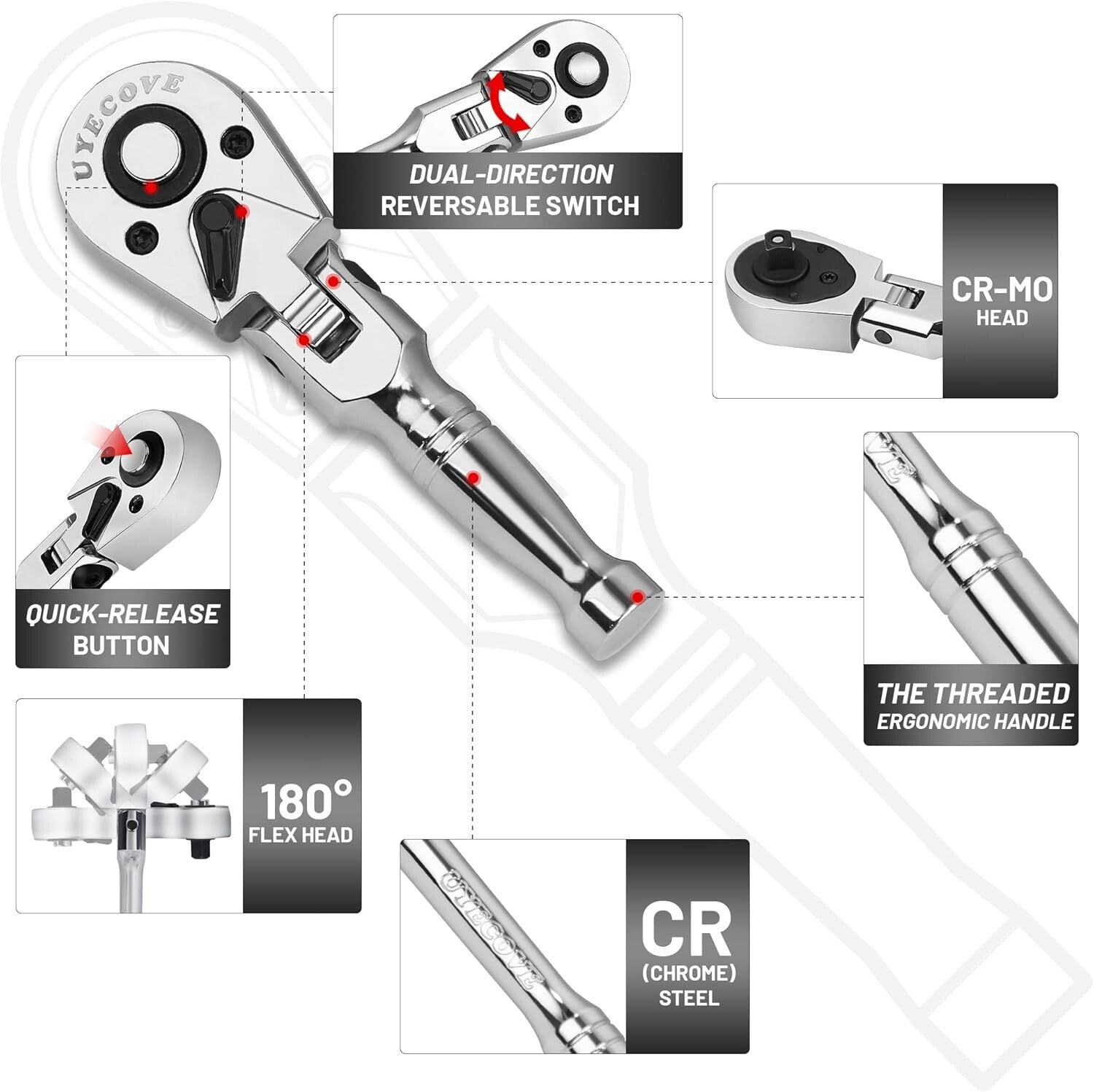 Flexible Head Stubby Ratchet Set - 1/2, 3/8, and 1/4 Inch Drive Wrenches