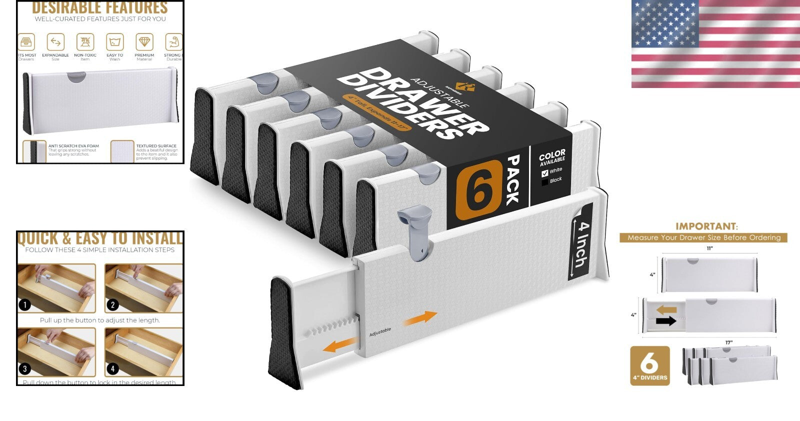 6 Pack Adjustable Drawer Organizers - Stylish Storage Solution for Every Room