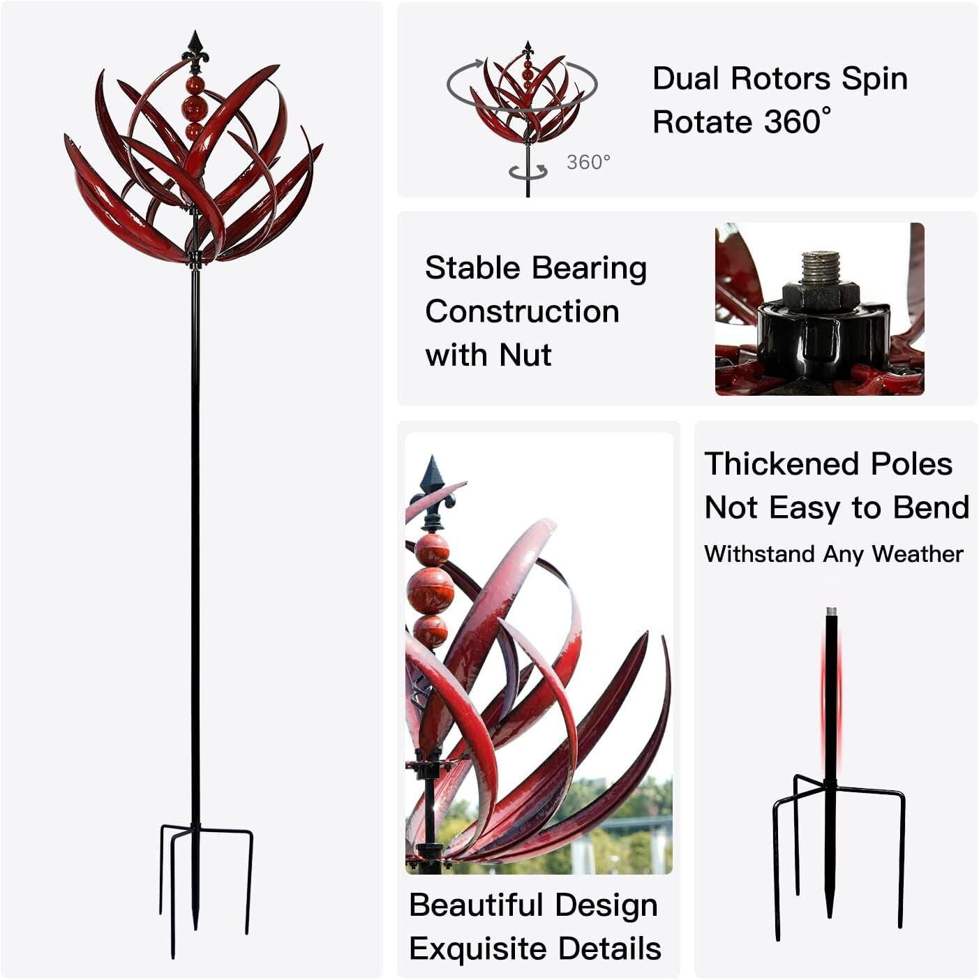 Durable Kinetic Garden Wind Spinner - Burgundy Lotus Design for Outdoor Spaces