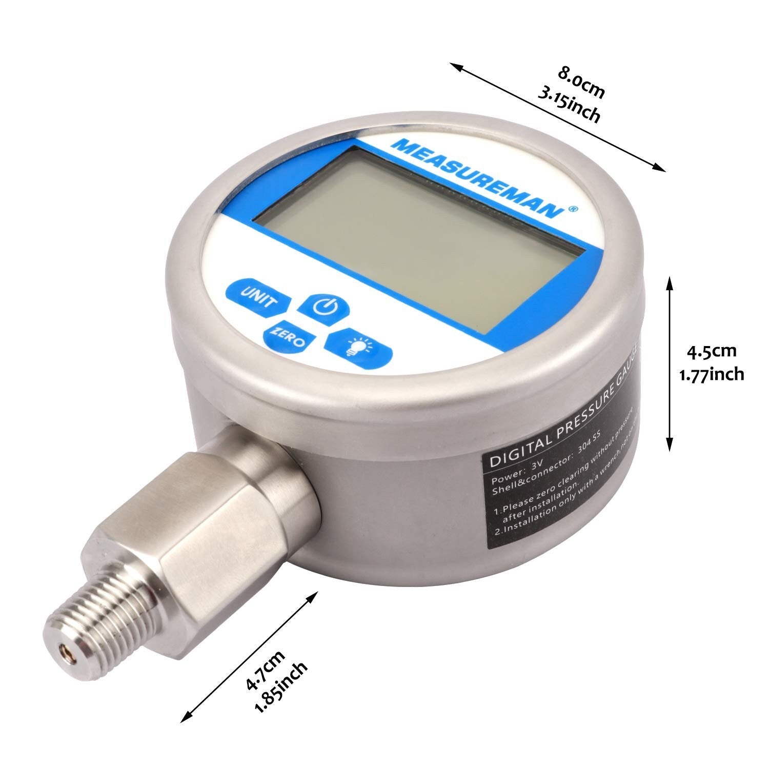 Battery-Powered 3-1/8" Digital Pressure Gauge: 0-5000 psi with LED Backlight