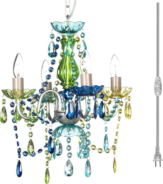 4-Light Plug-in Blue Green Acrylic Crystal Hanging Chandelier - Wedding Elegance