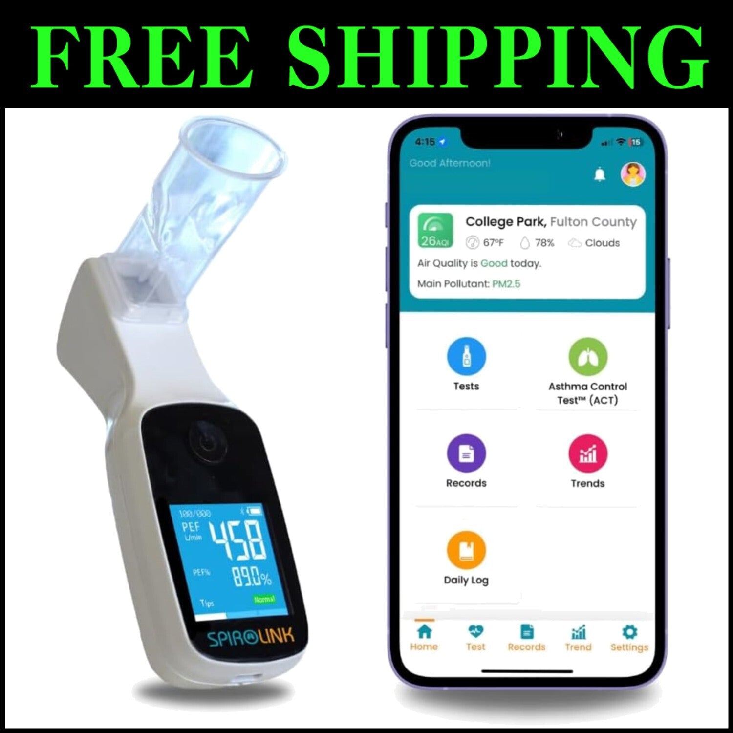 Portable Spirolink Meter for Easy Peak Flow Testing - Includes Mouthpieces & USB