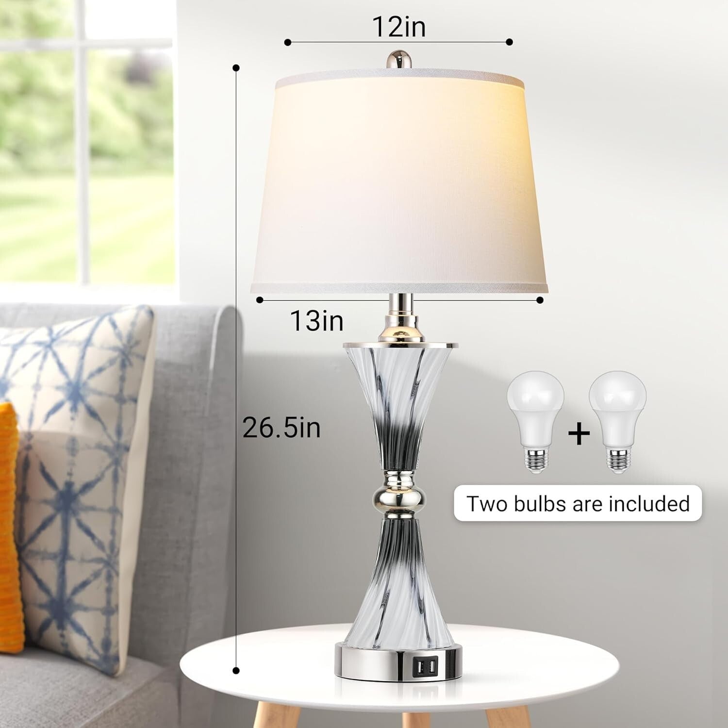 Elegant 3-Way Dimmable Touch Glass Lamps Set of 2 with USB Ports - Dark Grey
