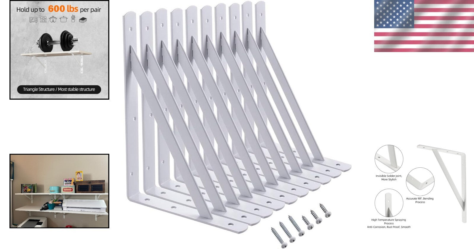 Heavy-Duty 12x8 Shelf Brackets - 600lb Capacity, 10-Pack White Metal Supports