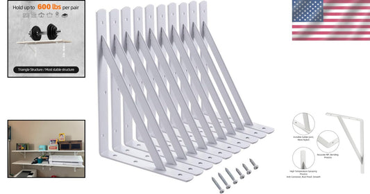 Heavy-Duty 12x8 Shelf Brackets - 600lb Capacity, 10-Pack White Metal Supports