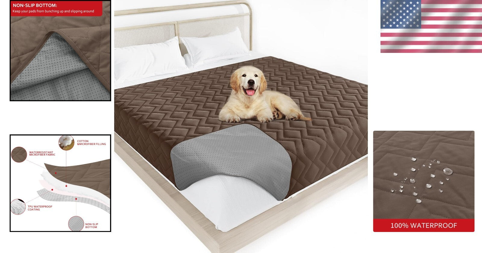 100% Waterproof Couch Cover - 86" x 82" Anti-Slip Dog Bed Protector in Chocolate