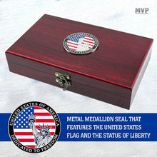 Load image into Gallery viewer, Unique American Flag Card Game Set with Dice and Wooden Box - Marine Vet Owned