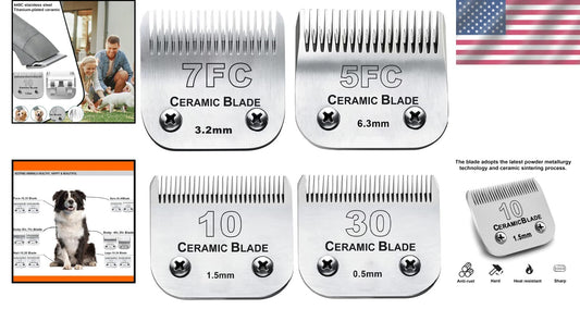Ceramic and Stainless Steel Dog Grooming Clipper Replacement Blades - Set of 4