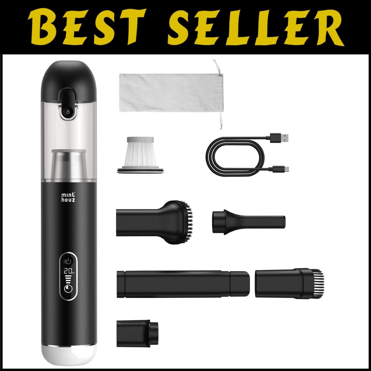 Portable Handheld Vacuum with LED Display & 5-in-1 Accessories - 20000PA Power