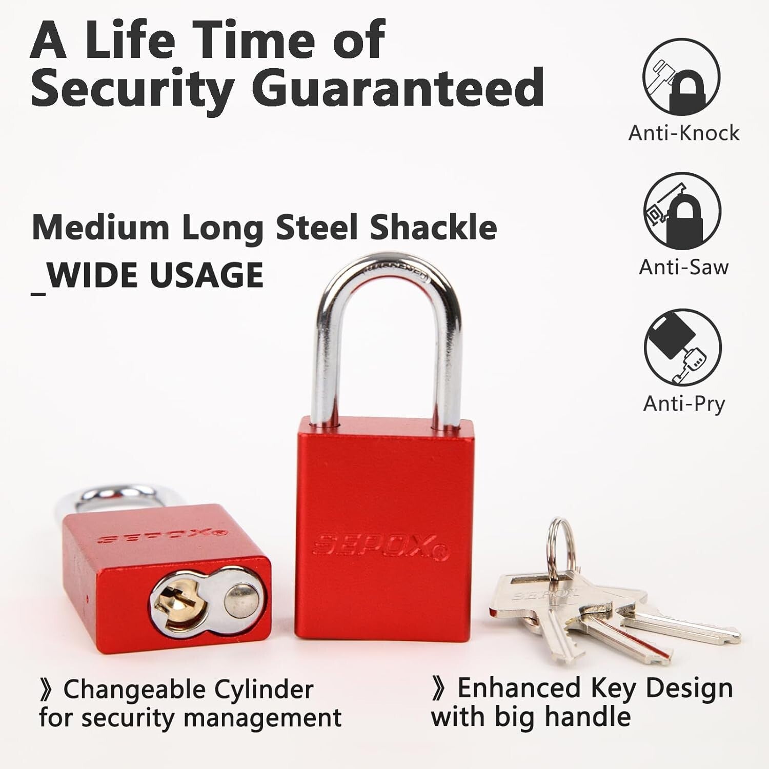High-Tech Double-Locking Aluminum Padlocks, Red - 24 Units for Lock-Out Security