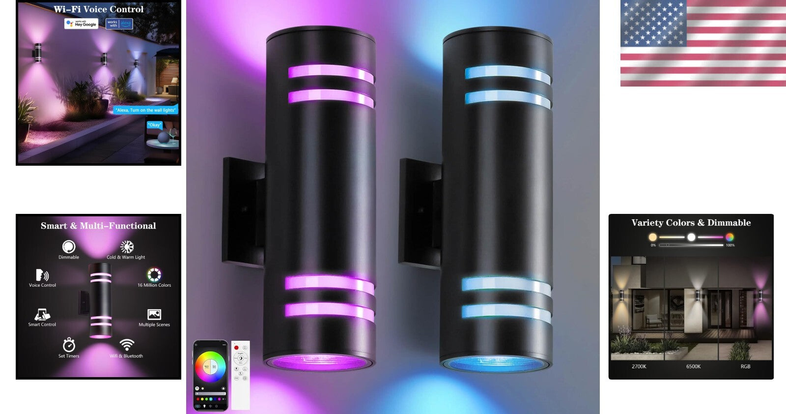 Elegant RGB Up and Down Outdoor Wall Lights - 2 Pack with Smart Control & Safety